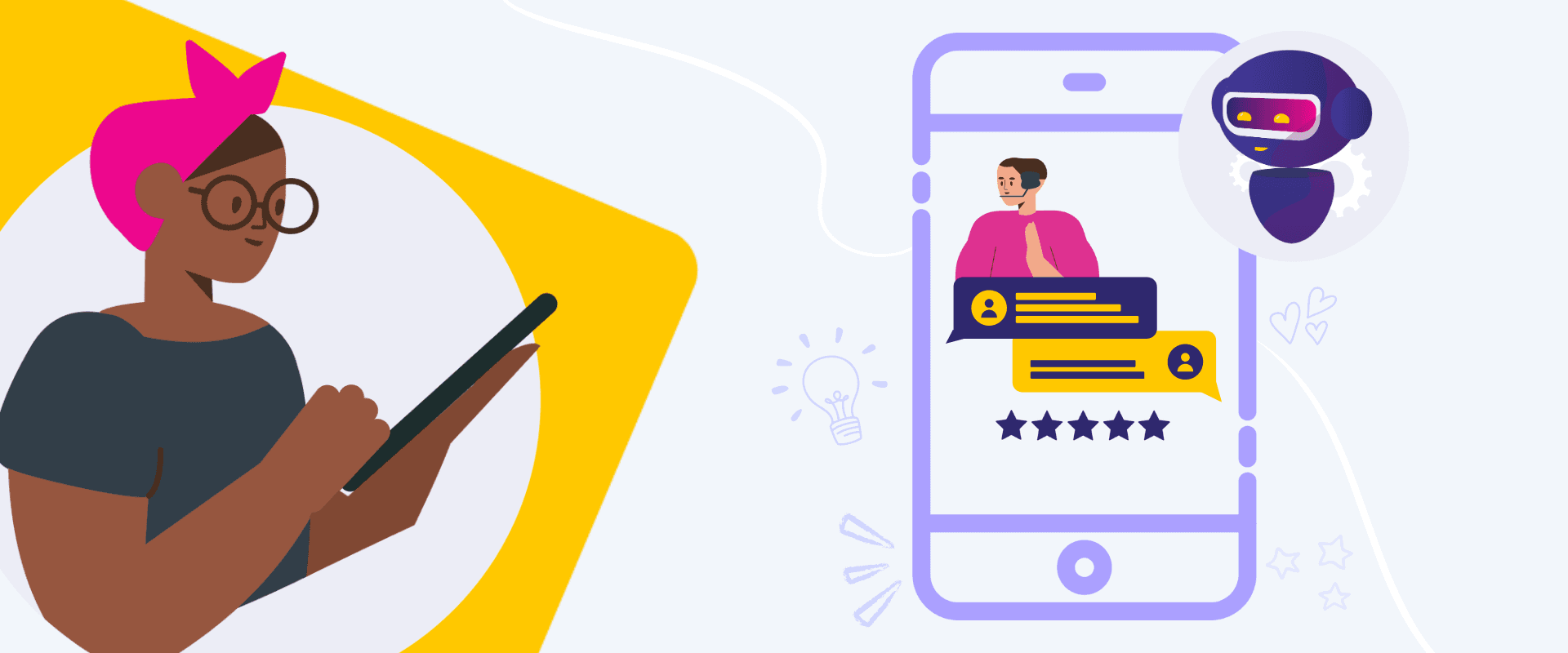 illustration that showcases conversation automation in a contact center to solve customer doubts illustration that showcases conversation automation in a contact center to solve customer doubts