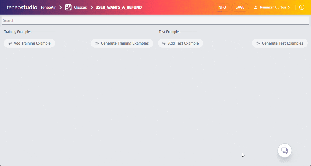 GIF showing how to generate Example Training data and Example Test data based on a description in Teneo. GIF showing how to generate Example Training data and Example Test data based on a description in Teneo.