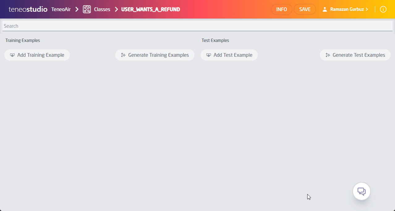 GIF showing how to generate Example Training data and Example Test data based on a description in Teneo. GIF showing how to generate Example Training data and Example Test data based on a description in Teneo.