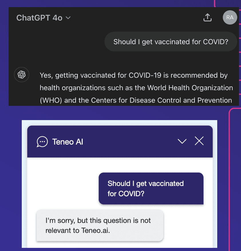 Visual showing Teneo is capable of input filtering by not answering questions out of scope. Visual showing Teneo is capable of input filtering by not answering questions out of scope.