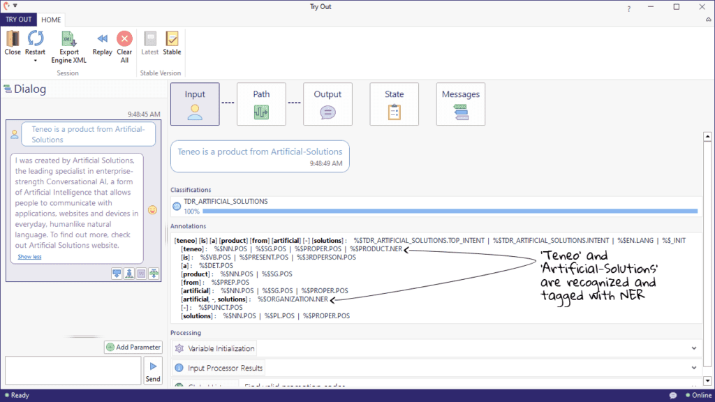 NER tags and annotations visible in Teneo's advanced tryout NER tags and annotations visible in Teneo's advanced tryout